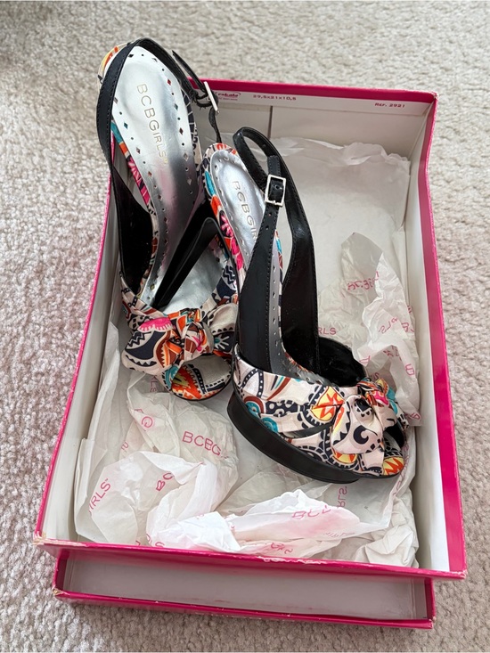 BCBGeneration Shoes - BCBGeneration Multicolor Patterned Slingback Peep-Toe Heels. Leather and satin.